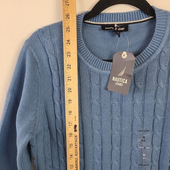 NWT Nautica Jeans Cable Knit Sweater In Slate Blue w/ Contrast Stripe Trim Sz M - Picture 7 of 8